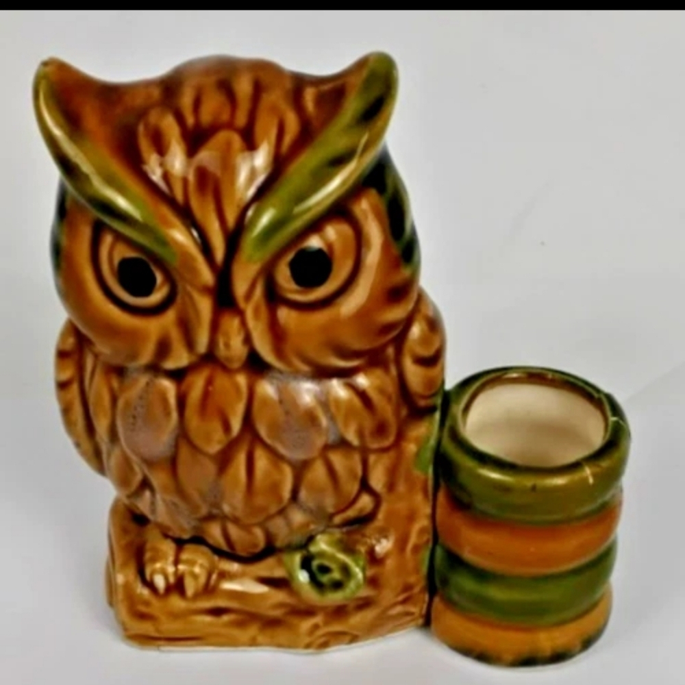 Vintage Ceramic Owl Toothpick Holder Brown Green Retro Kitchen Decor